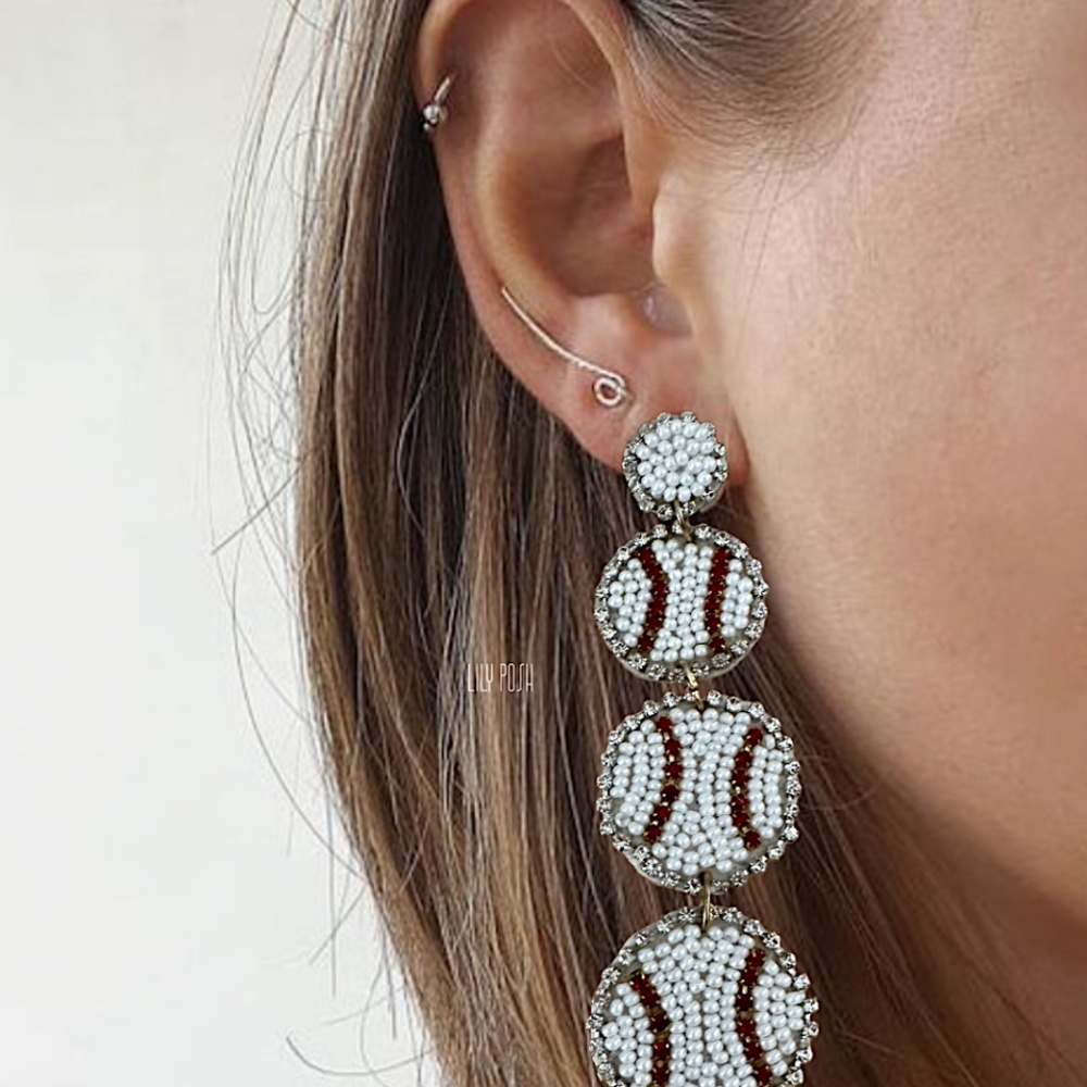 Beaded Baseball Earring, Long Beaded Game Day Earring - Picture 3 of 4